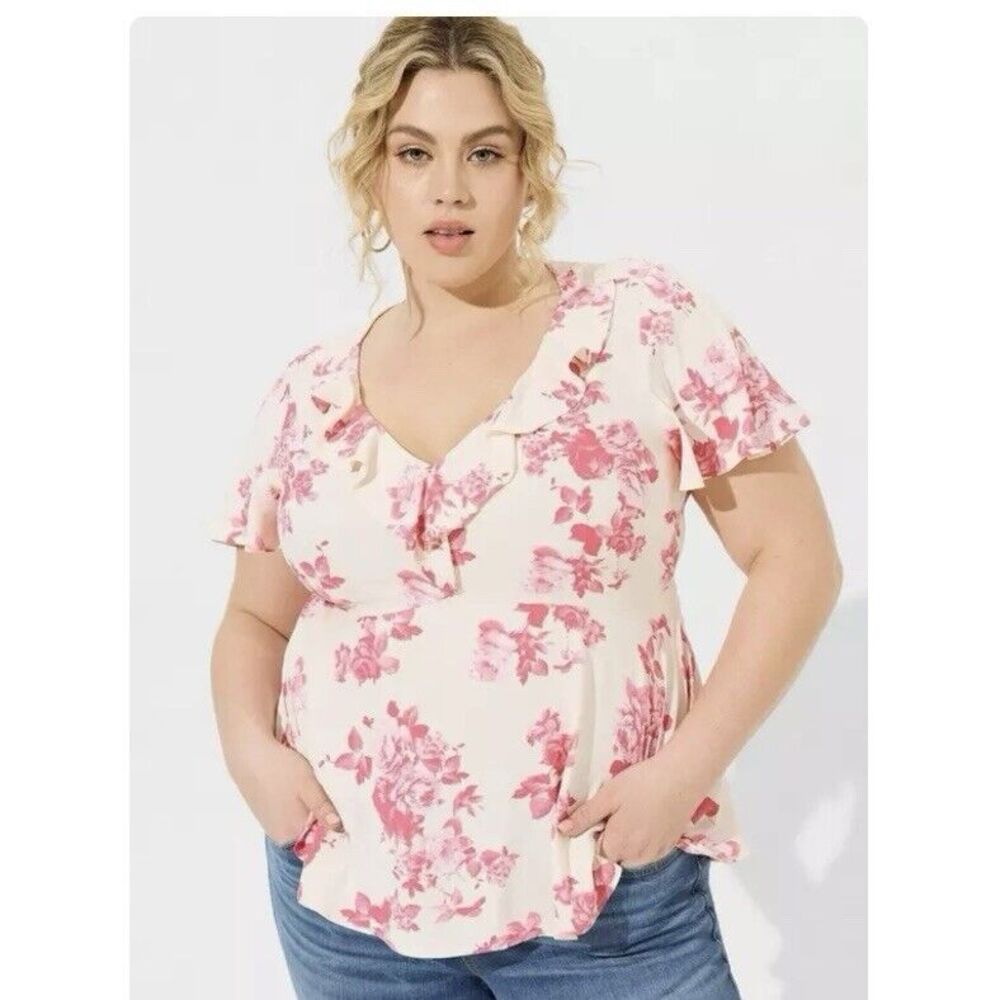 Torrid Pink White Floral Georgette Flutter Sleeve Ruffle V Neck Blouse Size 2X